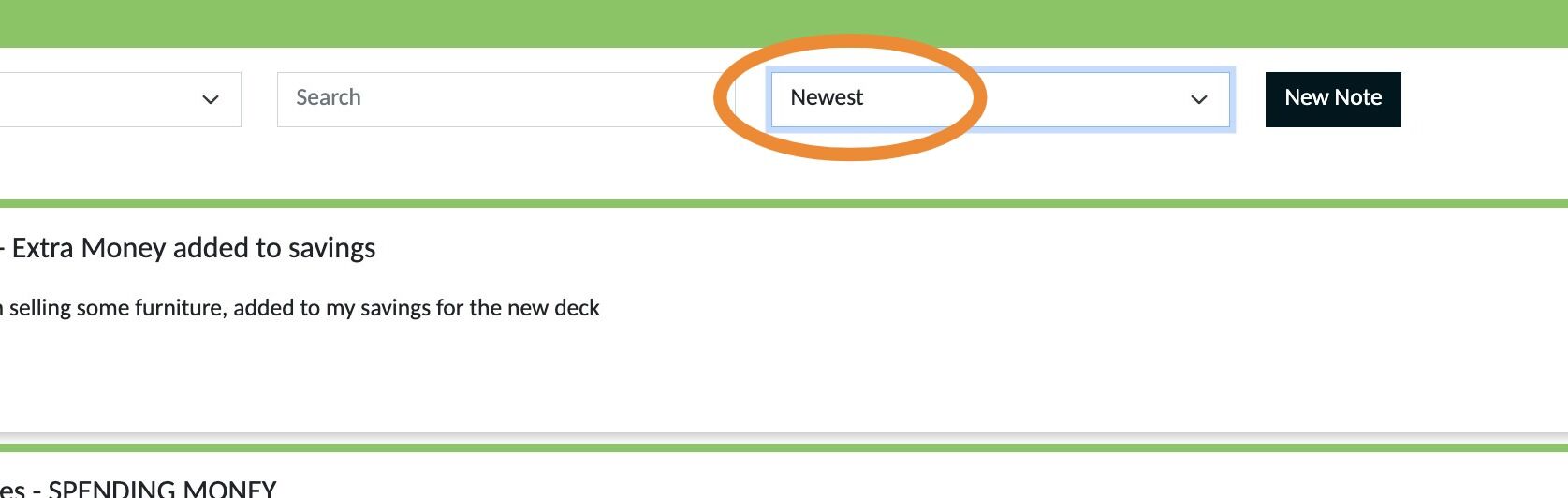 Screenshot of: Having  'Newest' selected in the Sort window means notes will appear from newest to oldest