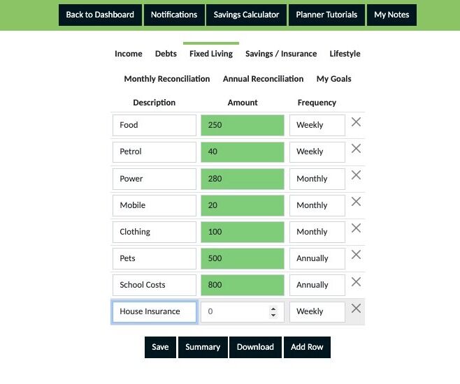 Screenshot of: Add the amount of your house insurance in this section and select the frequency your premiums are paid.