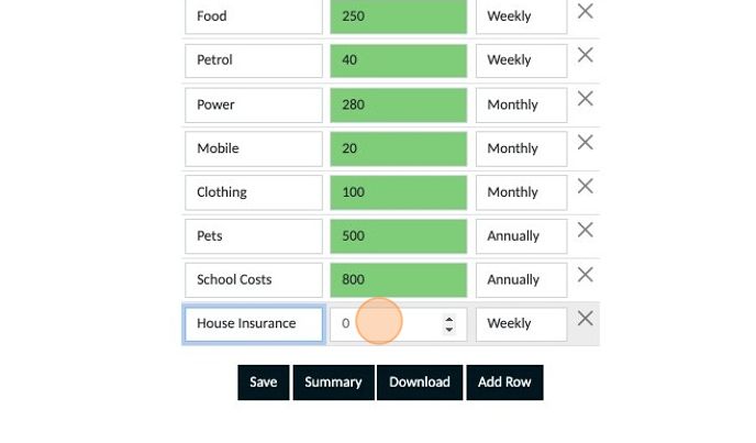 Screenshot of: Add the amount of your house insurance in this section and select the frequency your premiums are paid.