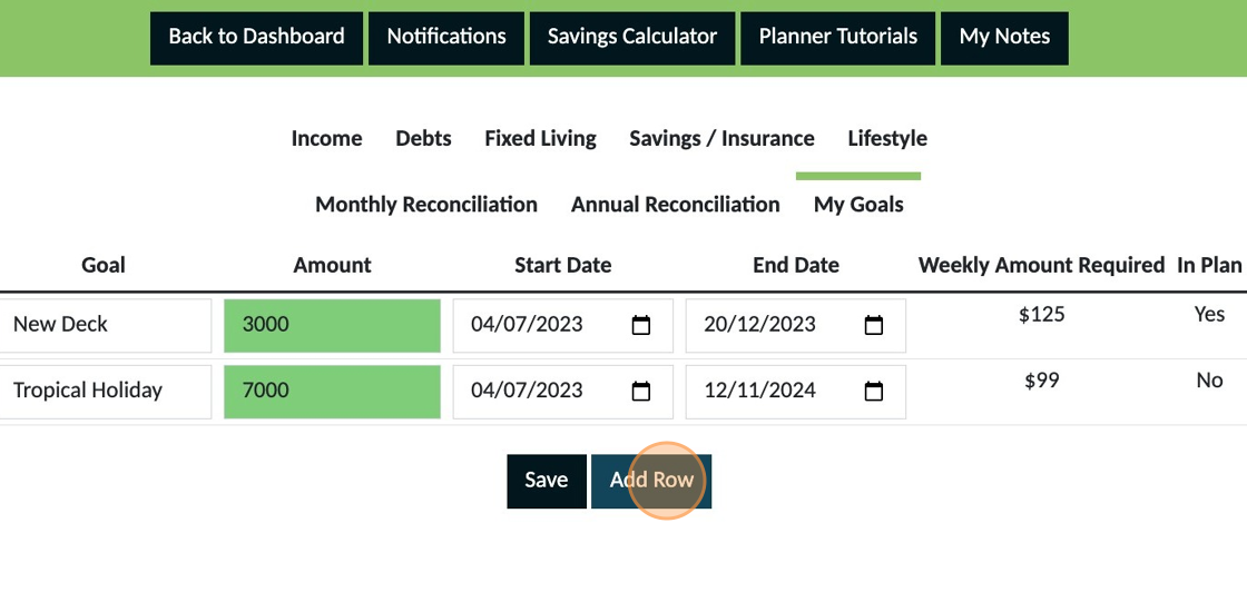 Screenshot of: Click "Add Row"