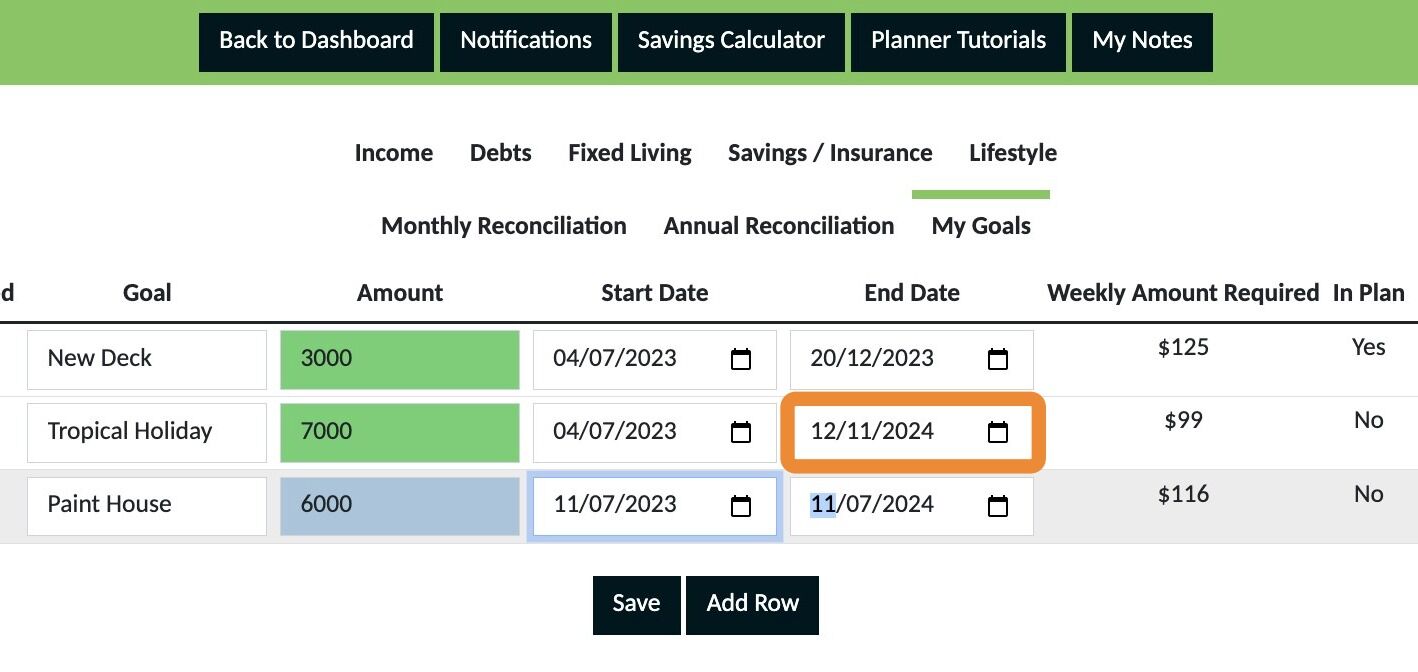 Screenshot of: Select the date you want to have the money required to pay for this goal