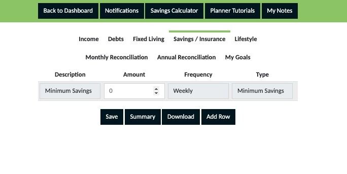 Screenshot of: A row is automatically created for your minimum savings. Add the amount that was shown on the pop up previously.