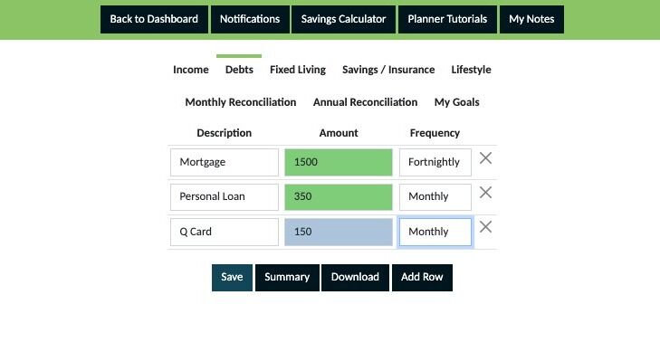 Screenshot of: Once you have completed adding all of your debt commitments make sure to click 'Save'

Note
If any of your entries still appear blue, they are not yet saved. Saved entries appear green so ensure everything is green before navigating away from this section of your planner.