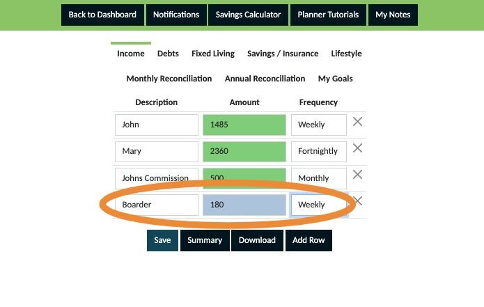 Screenshot of: Create a seperate row for each boarder or flatmate. Use a description which identifies this clearly for you (their name is best) and then the amount and frequency you get this money. Then save.