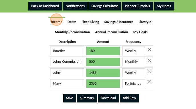 Screenshot of: Click "Income" and have a look through your entries. Are you happy with what you have placed in your plan? If not, make any adjustments now and save them otherwise move on to the next step.