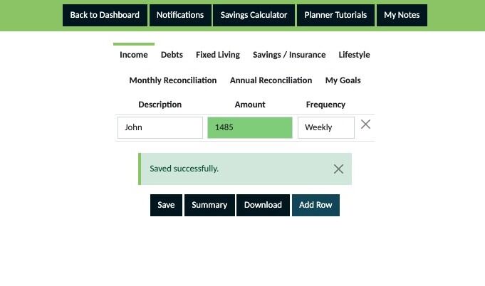 Screenshot of: Click "Add Row" if you have other income sources to be added to your plan.