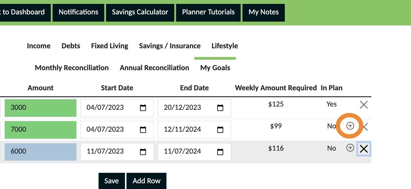 Screenshot of: To add a goal to your plan click the + button next to the X