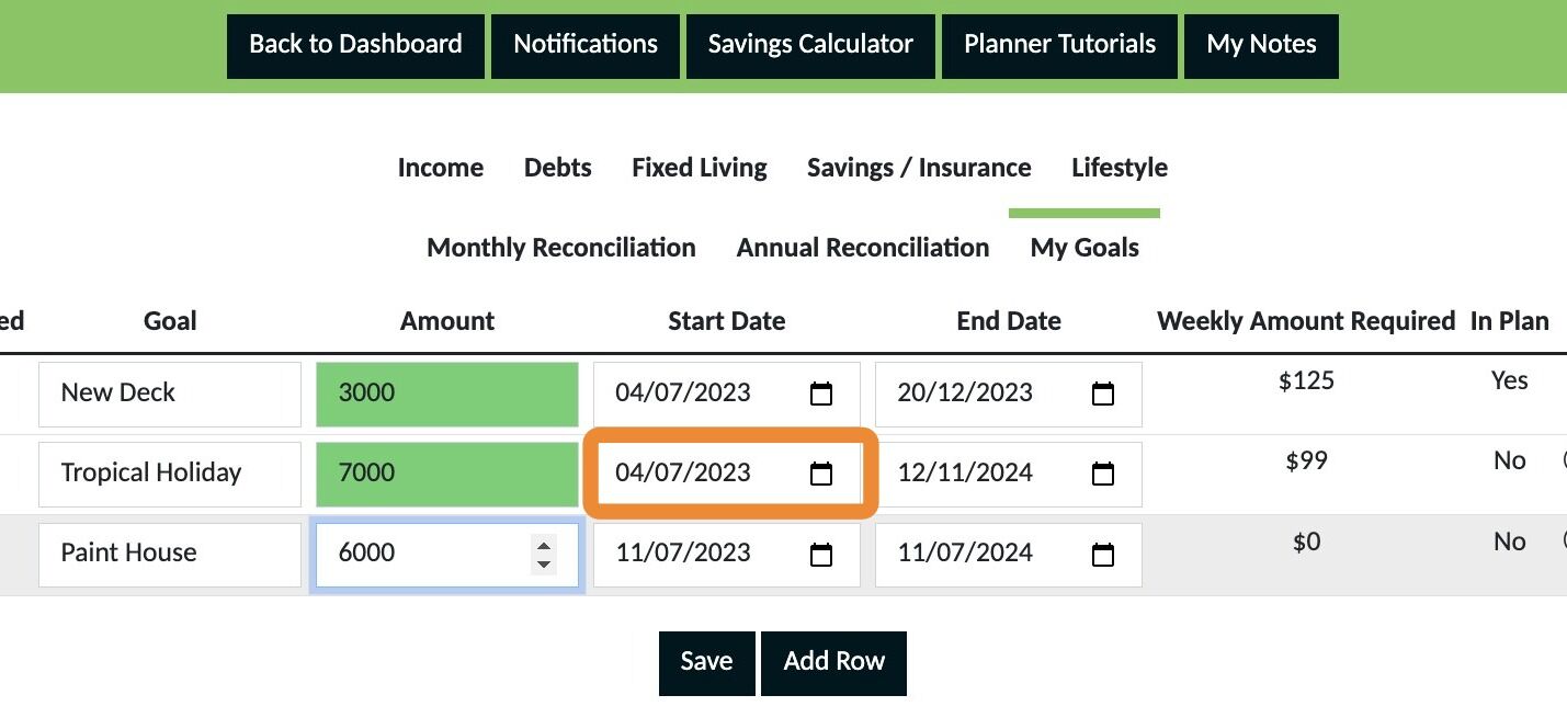 Screenshot of: Select the date you want to start saving for this goal