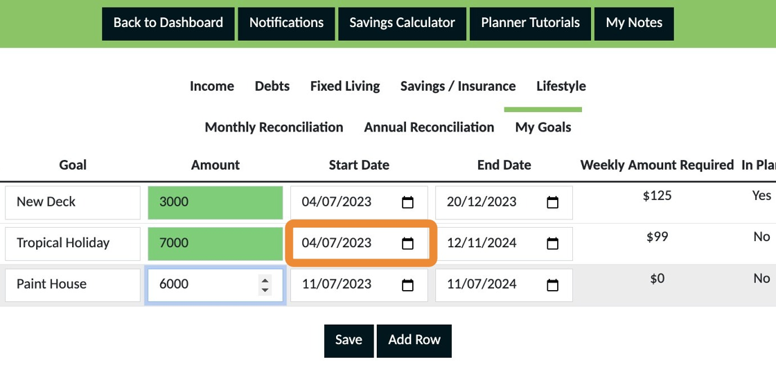 Screenshot of: Select the date you want to start saving for this goal