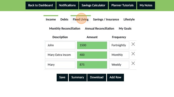 Screenshot of: Click "Fixed Living"