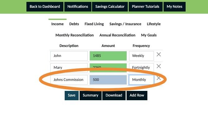 Screenshot of: Add a description, amount and frequency for each area of irregular income and then save your entries