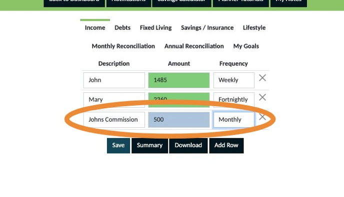 Screenshot of: Add a description, amount and frequency for each area of irregular income and then save your entries