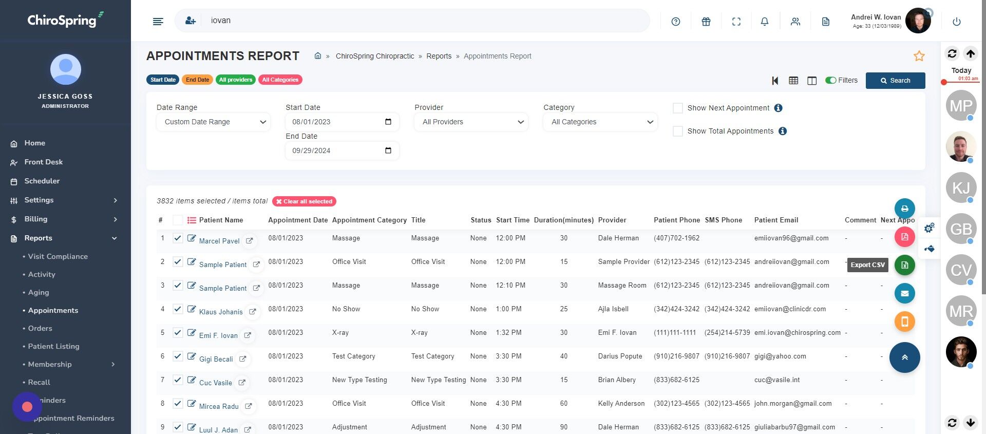 Screenshot of: Click action - Export CSV.