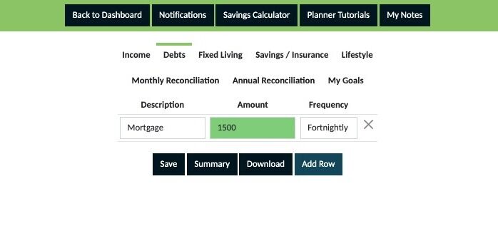 Screenshot of: Click "Add Row" to add more debt commitments 