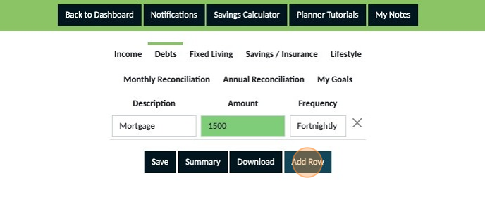 Screenshot of: Click "Add Row" to add more debt commitments