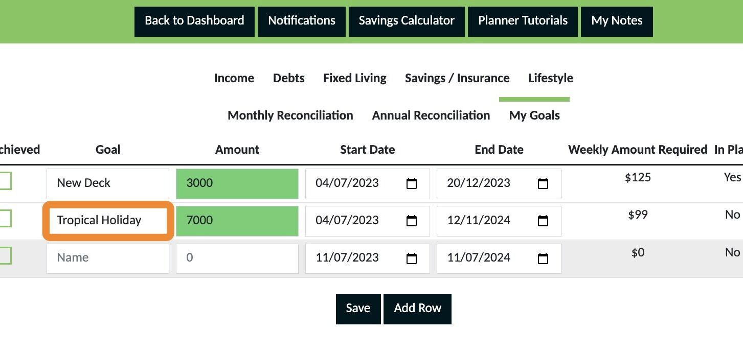 Screenshot of: Give your goal a description