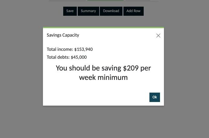 Screenshot of: A Pop Up will appear indicating your minimum saving capacity amount. Make a note of the amount then click 'OK' to close the pop up.