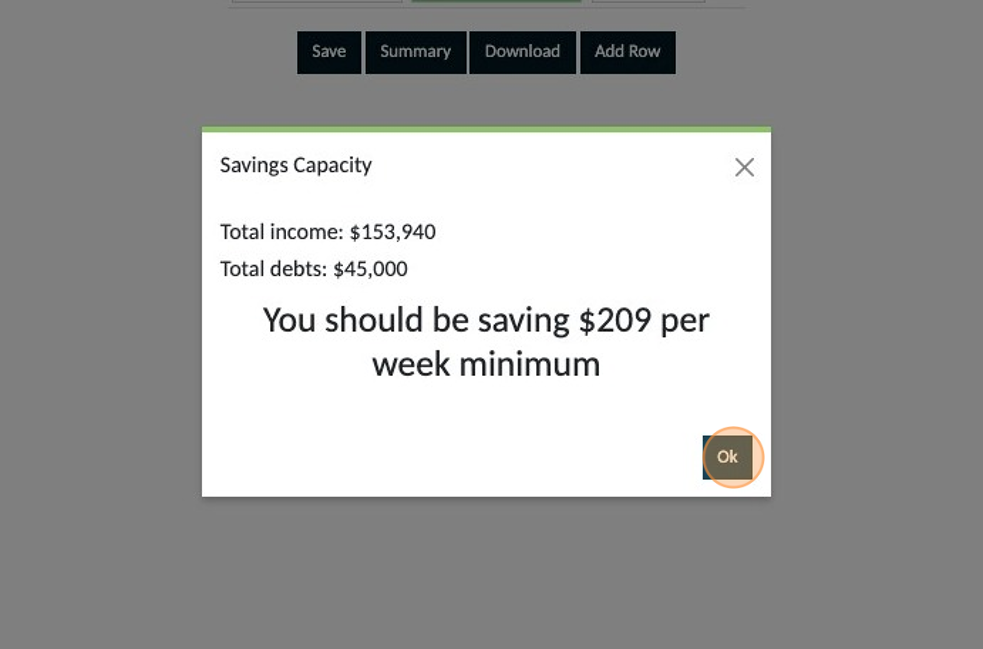 Screenshot of: A Pop Up will appear indicating your minimum saving capacity amount. Make a note of the amount then click 'OK' to close the pop up.