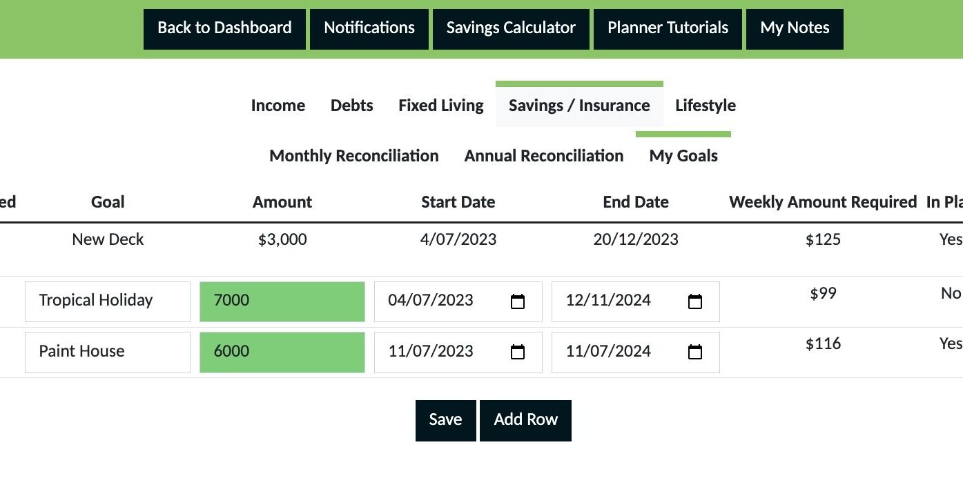 Screenshot of: Once a goal has been achieved you will also need to remove it from future planning. Go to the 'Savings/Insurance' section