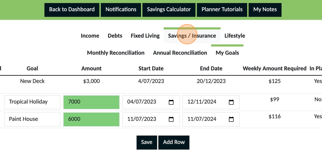 Screenshot of: Once a goal has been achieved you will also need to remove it from future planning. Go to the 'Savings/Insurance' section
