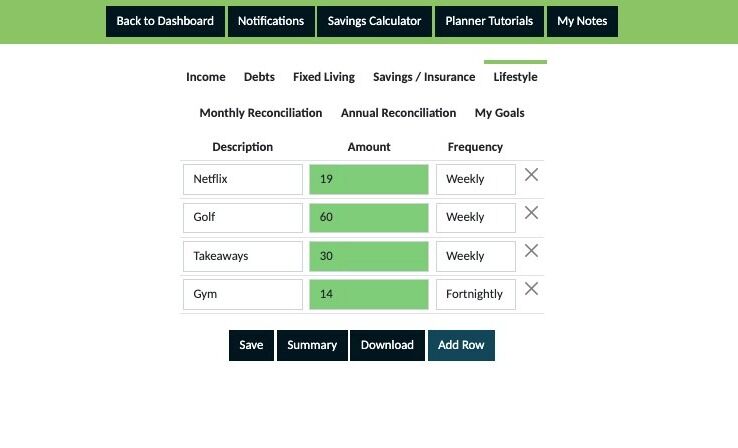 Screenshot of: Click "Add Row" and continue adding all the expenses you can think of that fit into this category.