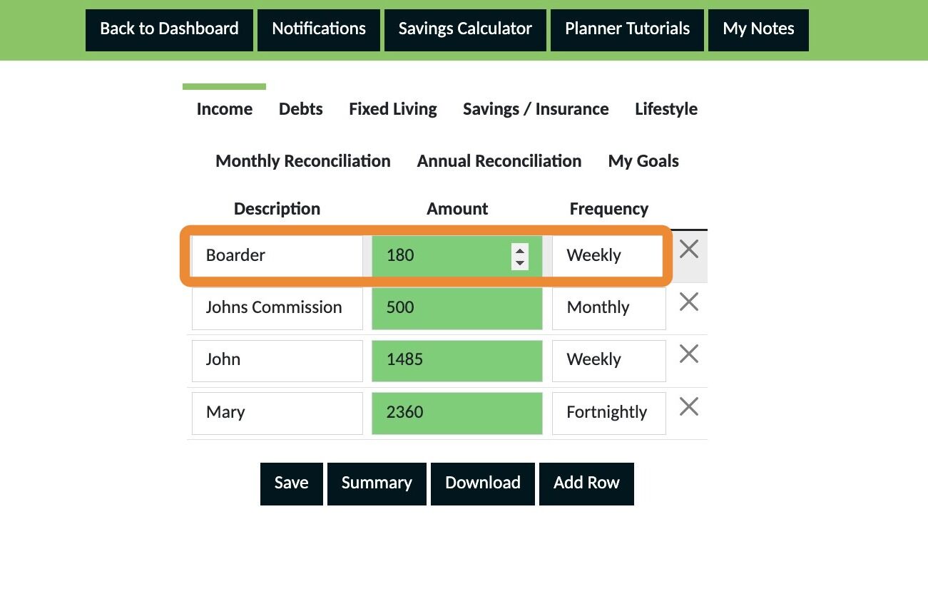 Screenshot of: If you can increase your income, add the details to your plan and make sure to save it.
The example below shows the option of including a boarder for a period of time.