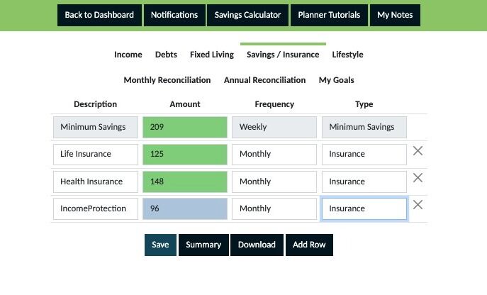 Screenshot of: Continue adding rows and complete the same steps for each personal insurance premium you pay and then save.