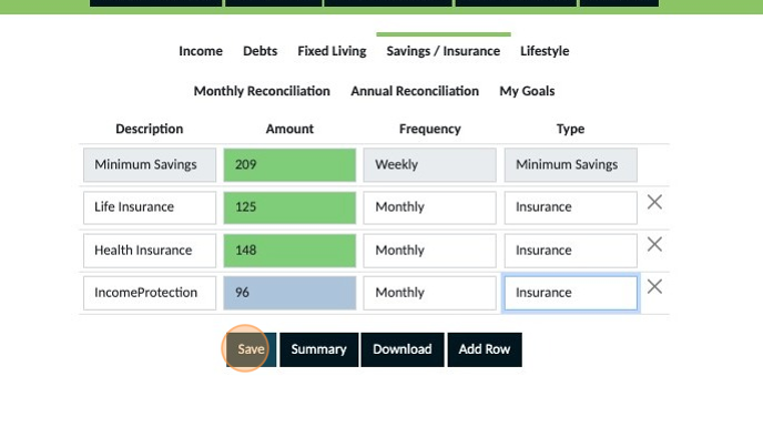 Screenshot of: Continue adding rows and complete the same steps for each personal insurance premium you pay and then save.