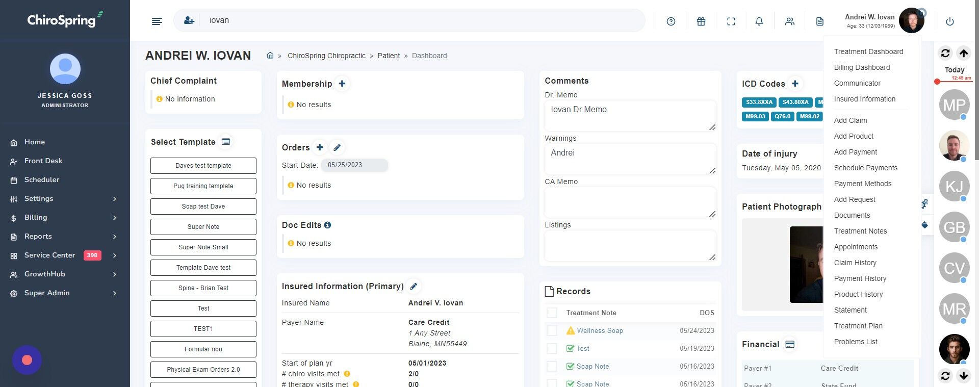 Screenshot of: Open patient menu dropdown