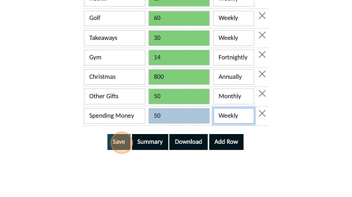 Screenshot of: Once you have completed adding all of your lifestyle expenses make sure to click 'Save'
Note
If any of your entries still appear blue, they are not yet saved. Saved entries appear green so ensure everything is green before navigating away from this section of your planner.