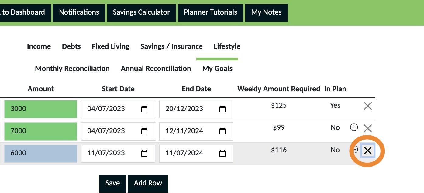 Screenshot of: The 'X' is used to remove a goal from the goals section.