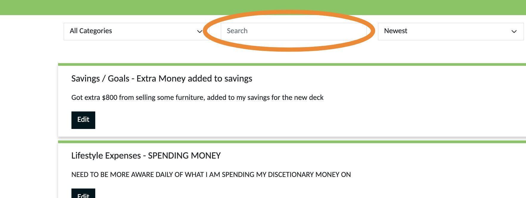 Screenshot of: You can find notes by using the "Search" field.