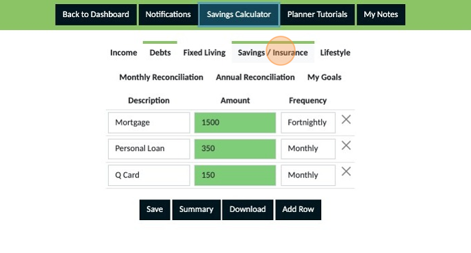 Screenshot of: Click "Savings / Insurance"