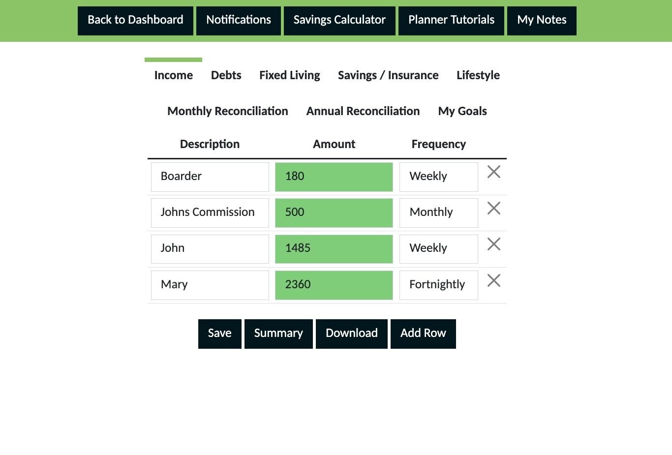 Screenshot of: Click "Income"