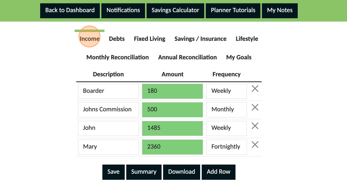 Screenshot of: Click "Income"