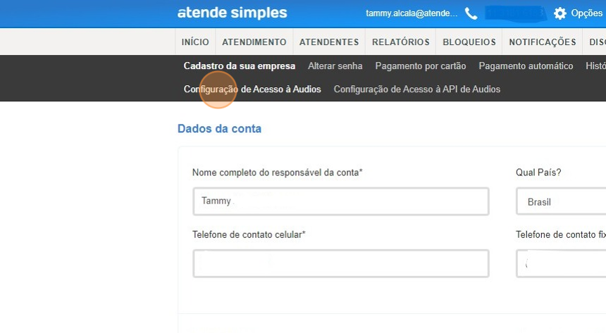 Screenshot of: Clique em "Configuração de Acesso à Audios"