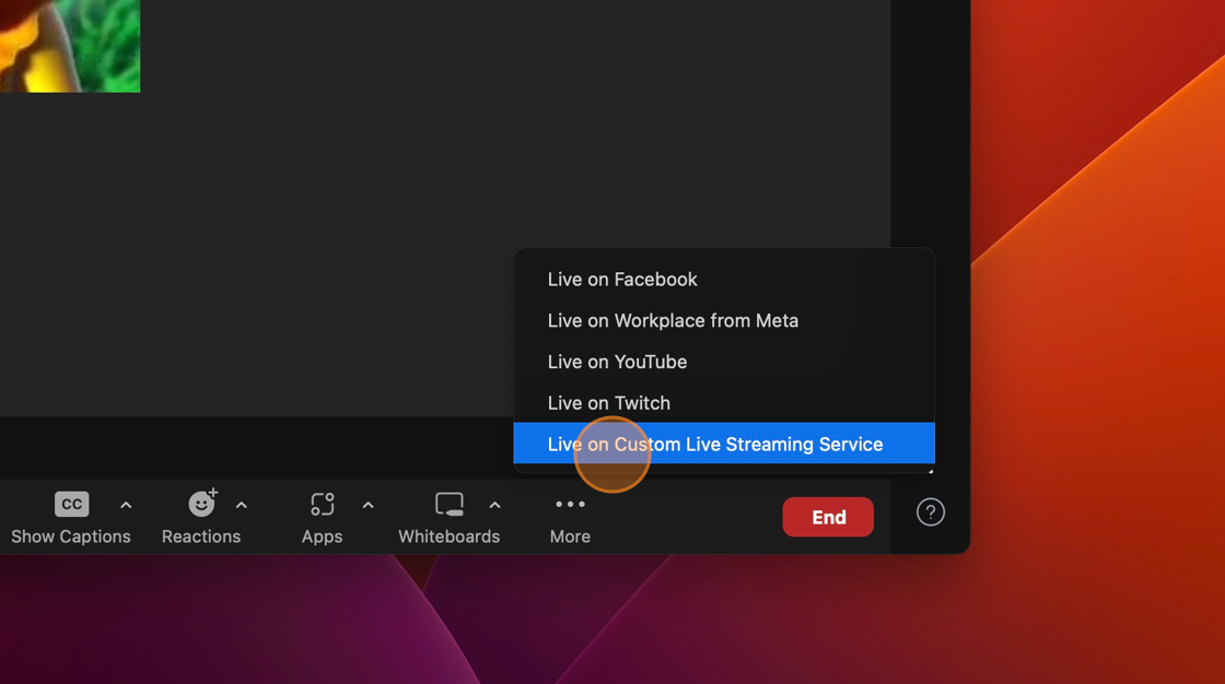 Screenshot of: Click the Live on Custom Live Streaming Service