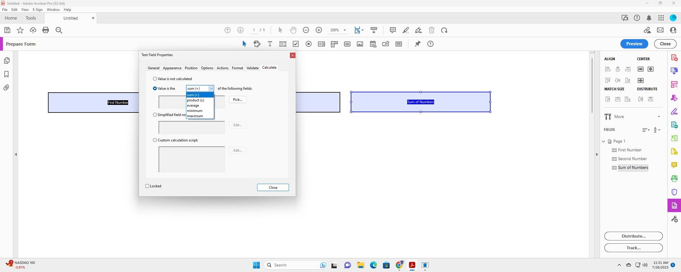 Screenshot of: Select Sum