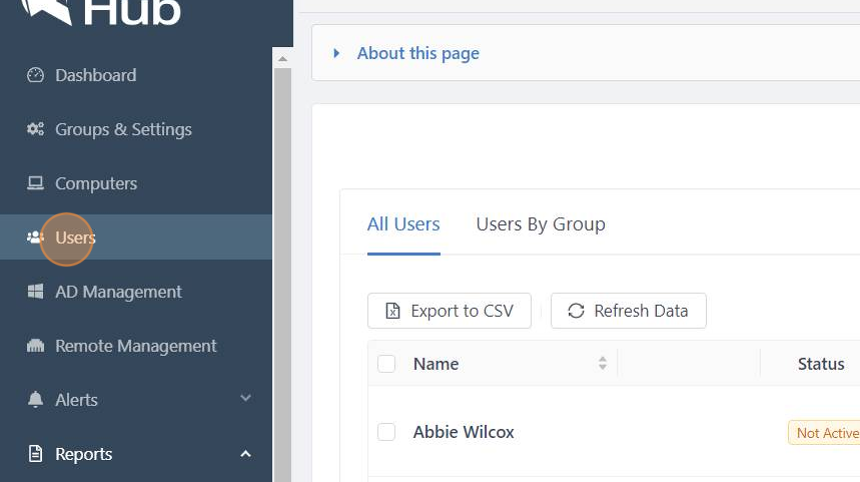Screenshot of: Log in to the GateKeeper Hub URL, and click Users tab.