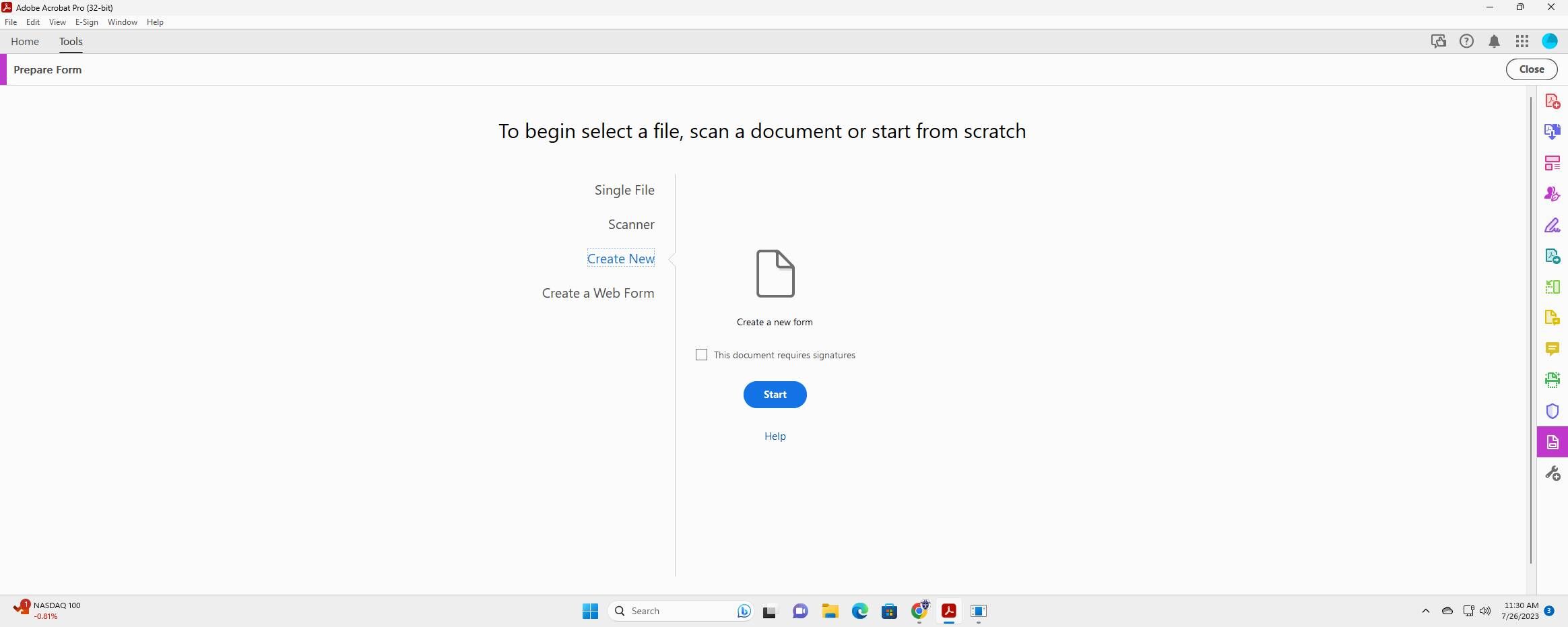 Screenshot of: Click Start