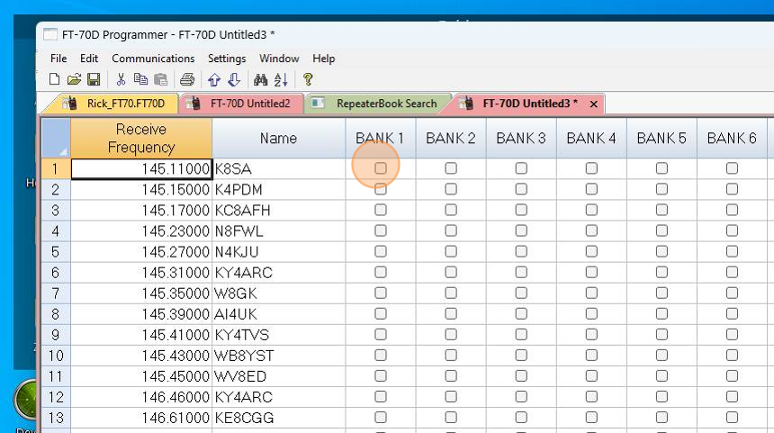 Screenshot of: Starting with the first channel you want in Bank 1, check the box in the Bank 1 column. 