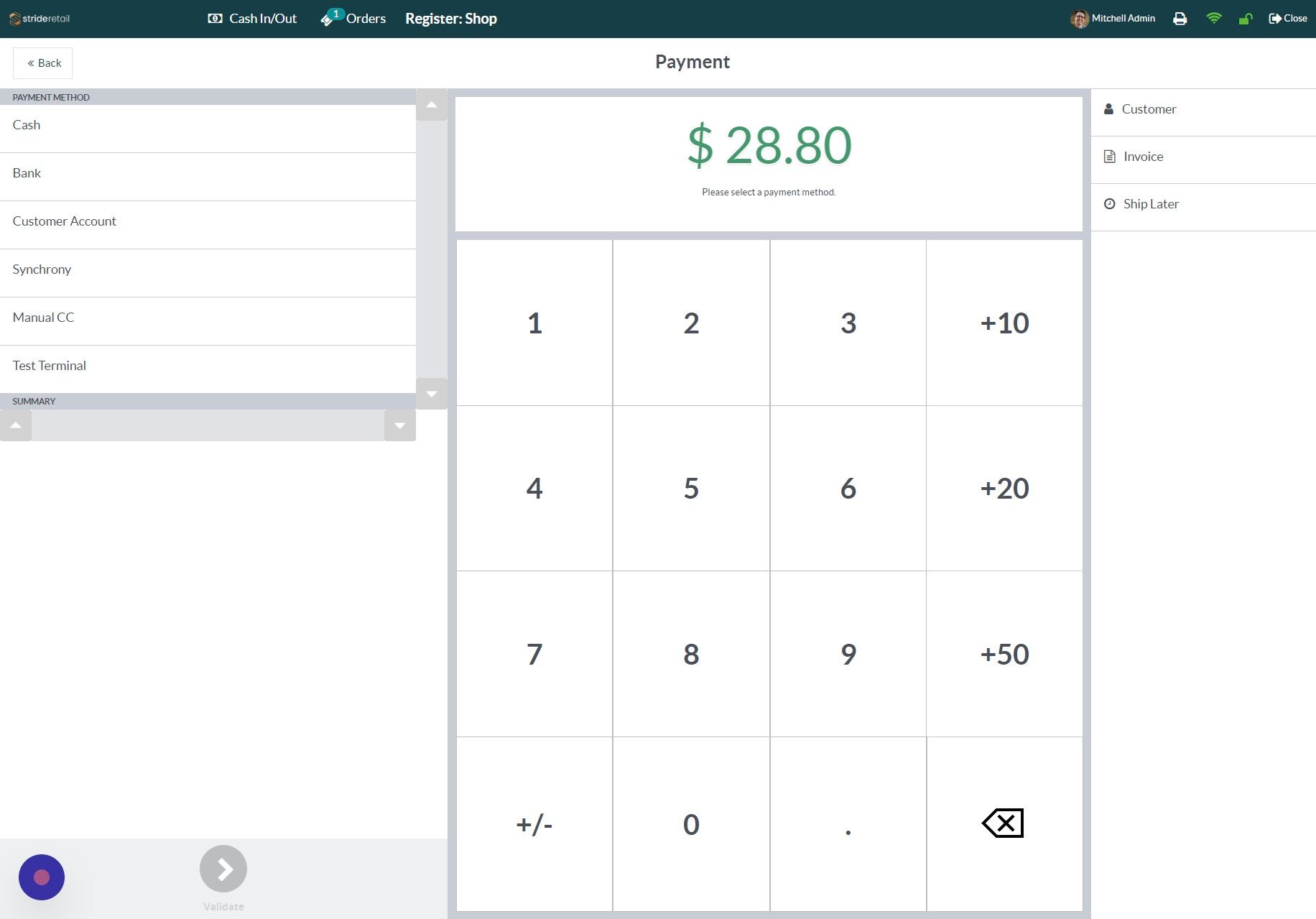 Screenshot of: Choose the method the customer wants to use to cover the balance.  In our case they used "cash"