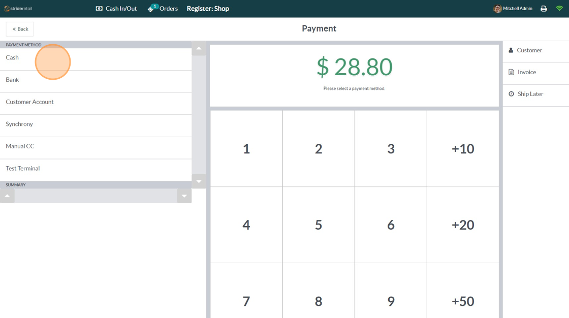 Screenshot of: Choose the method the customer wants to use to cover the balance.  In our case they used "cash"