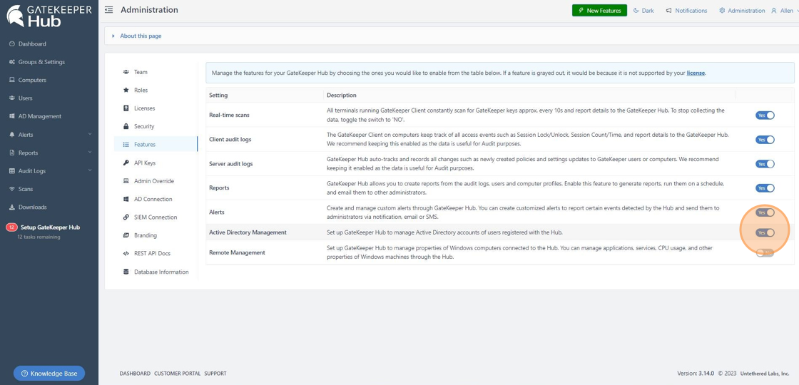 Screenshot of: If you don't want to see particular features in the menu tab, simply toggle the switch to "NO".