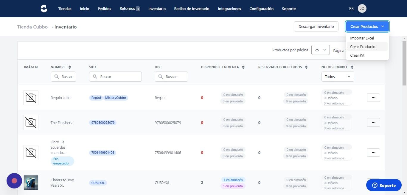 Screenshot of: Click "Crear Producto"