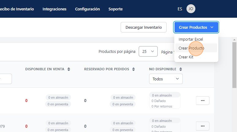 Screenshot of: Click "Crear Producto"