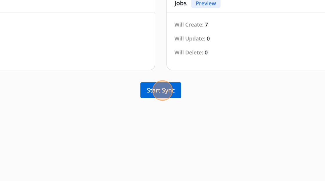 Screenshot of: Carefully review the number of creates, updates, and deletes. Then click "Start Sync". If the numbers are not correct, it means your unique key selection needs to be changed.