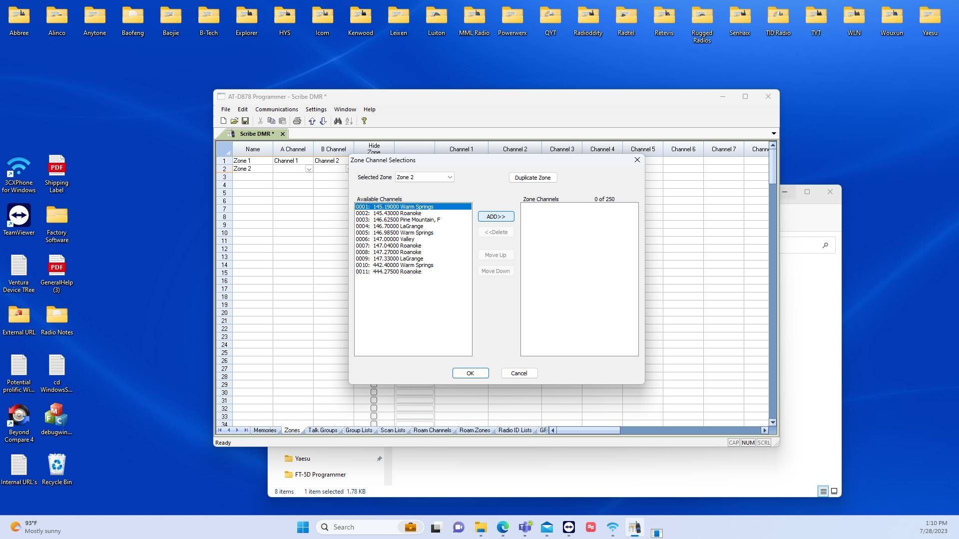 Screenshot of: Select the memory channel to add to your zone by clicking the channel. Once selected,  click "Add" to include the channel in the zone.
