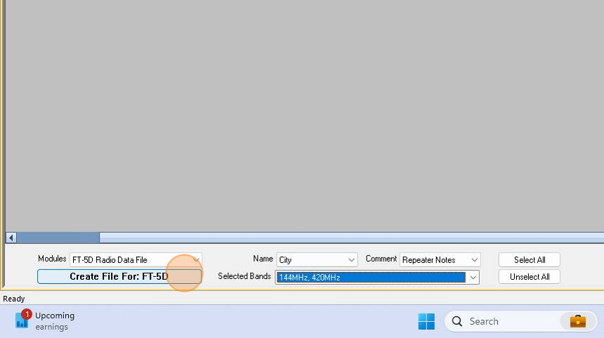 Screenshot of: Click "Create File For: FT-5D" and once the file has been created, you can send your information to the radio.