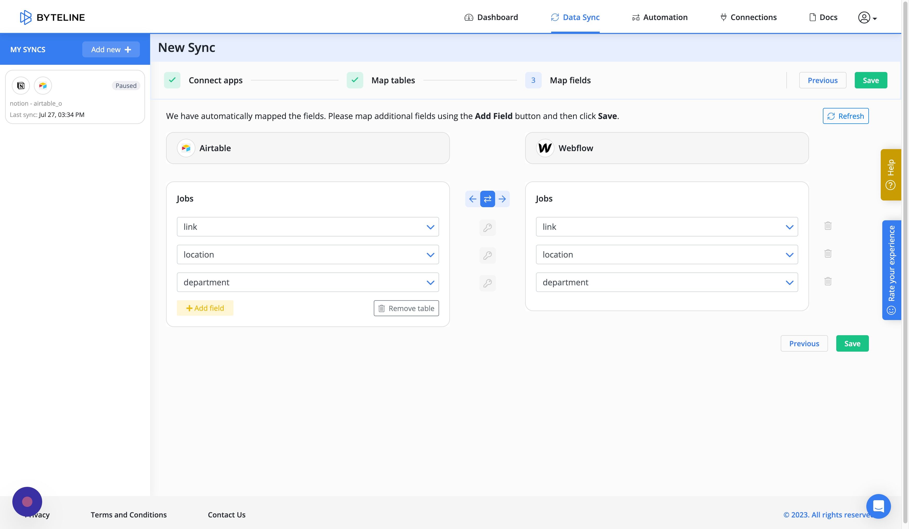 Screenshot of: Now configure your field mappings. Click "Add field" to add any fields that are not shown by default.